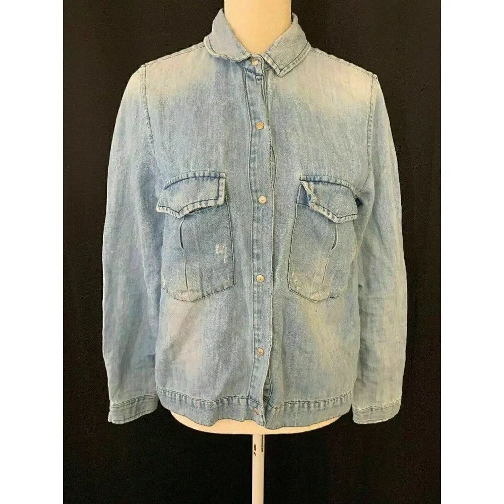 Zara Womens Solid Light Blue Long Sleeve Denim Jean Button Down Jacket Medium